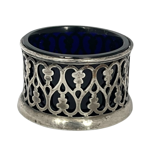 Antique Silver Plated Salt Cellar, Open Dish Blue Glass Liner, Condiment Dish, Ornate Cruet Bowl