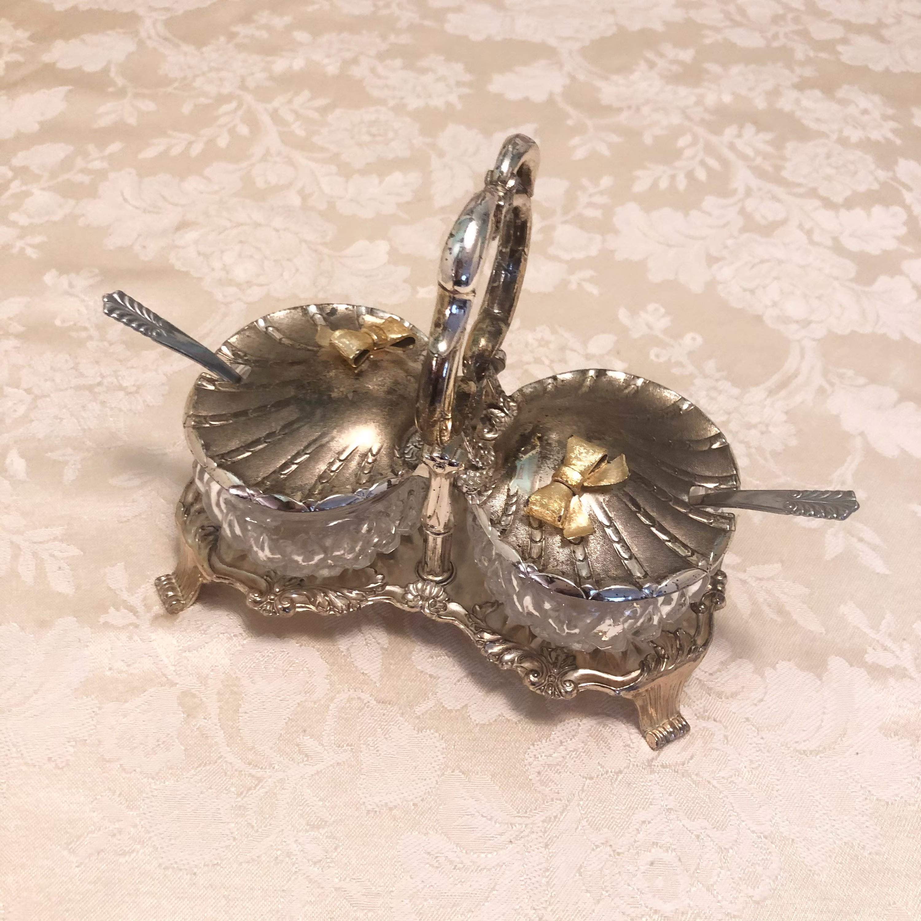 Silver Salt & Sugar Cellar Carrier With Diamond Cut Glass Jars Bases Plated Lids Brides Basket