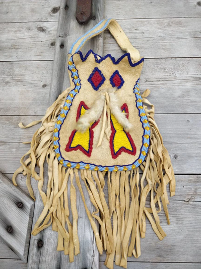Blackfoot Inspired Bag, 70S Reproduction, Beaded Leather Pouch, Medicine Hand Beadwork, Patina