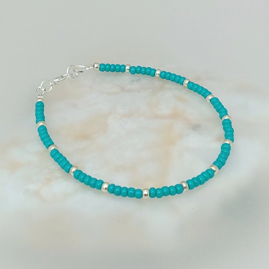 Turquoise Seed Bead Bracelet - Handmade Silver/Gold Glass Jewellery Made in Cornwall Cornish