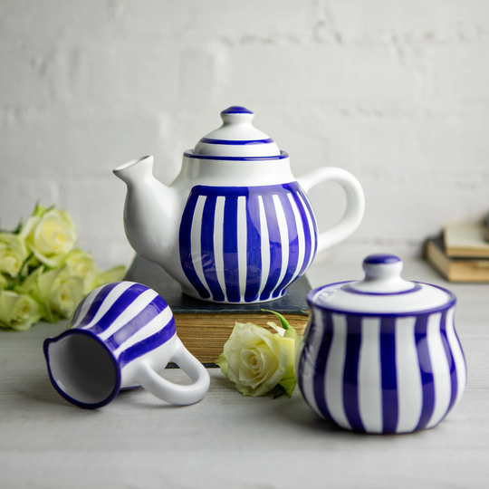 Ceramic Tea Set, Handmade Teapot Small Teapot, Milk Jug, Sugar Bowl Stoneware Pottery, Navy Blue Stripe, Coastal Style