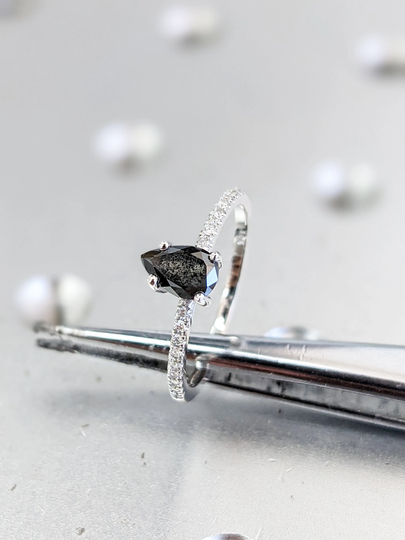 0.5Ct 1920's Raw Salt & Pepper Diamond, Pear Diamond Ring, Unique Engagement Bridal Set, Black, Gray Pear, 14K Yellow, Rose, Or White Gold