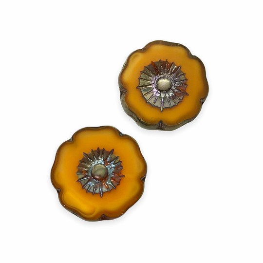 2Pcs Xl Hibiscus Flower Table Cut Focal Beads Opaque Orange Brown Picasso 22mm Czech Glass [|#2|]