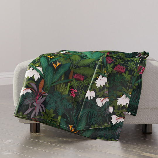Nighttime Tropical Throw Blanket - Moody By Geetanjali Flora Hibiscus Palm Trees With Spoonflower Fabric