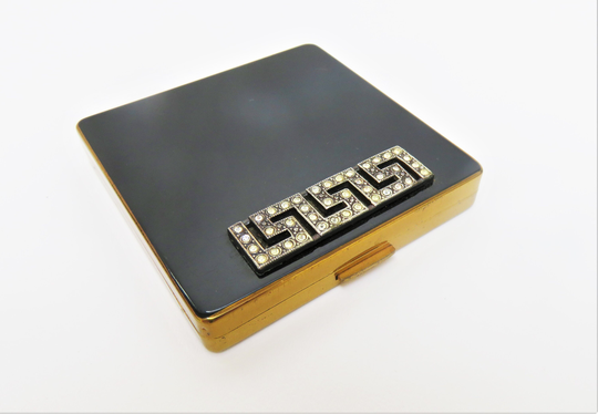Vogue Vanities Art Deco Square Powder Compact - Brass With Black Enamel & Paste Stones Unused
