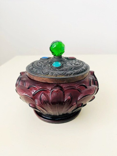 Antique Amethyst Glass Trinket/Powder Pot Dressing Table Box Jewelled Lid Circa 1880