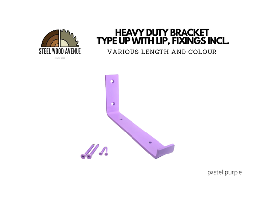 Pastel Purple Powder Coated Heavy Duty Shelf Bracket, Style Up With Lip, Screws Included, Metal Shelving Hardware, Solid Brick Masonry Wall