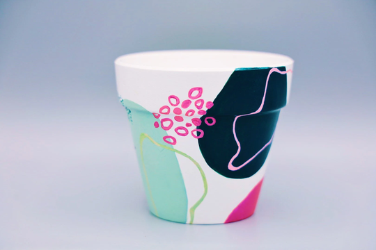 Pop Color Botanicals Pot | Leaf Line Art Plant Geometric Abstract Art| Hand-Painted Planter Terracotta 4.6