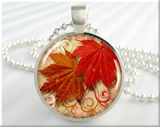 Leaf Art Pendant, Autumn Necklace, Red Leaves Jewelry, Fall Colors Accessory, Resin Picture Charm, Round Silver, Season Charm 014Rs