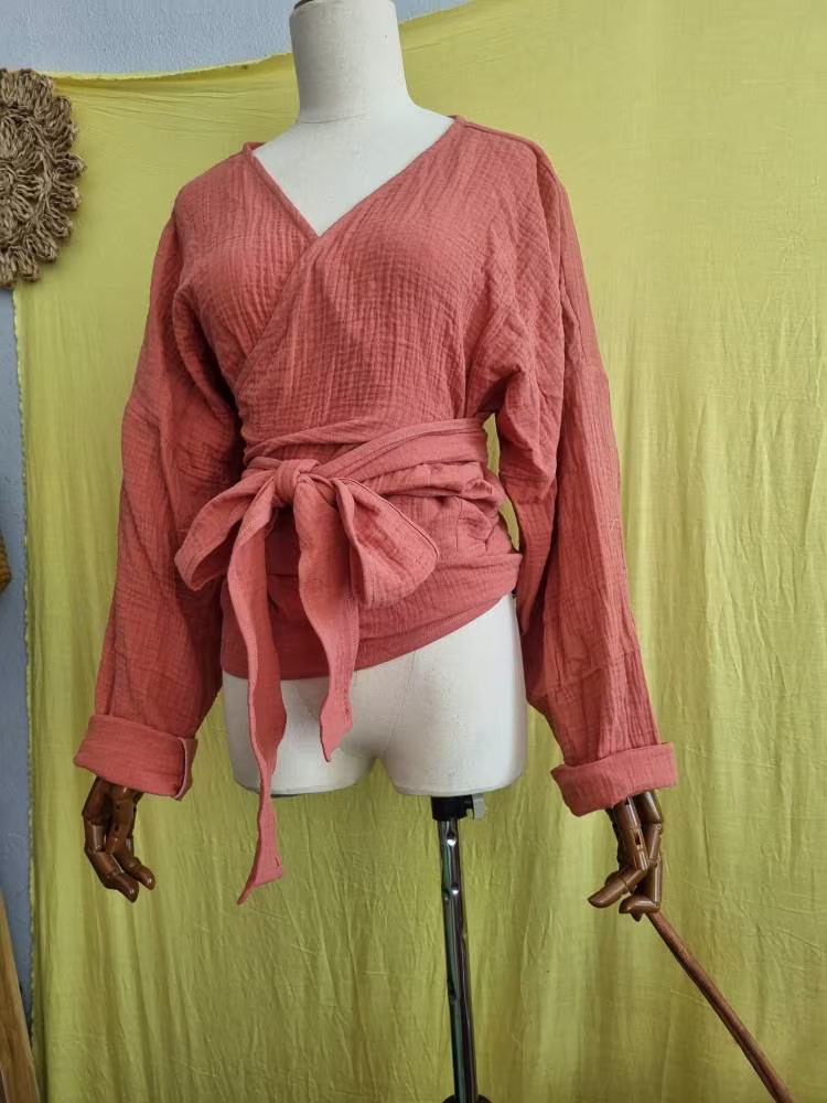 Customize Organic Cotton Blouse Drop Shoulder Long Sleeves Wrap Crop Top Winters Blouses Fall Tank Gift For Her