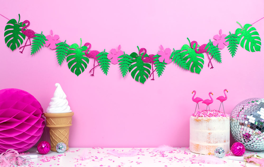 Flamingo Bunting - Tropical Party Decor Banner Pink & Green Garland