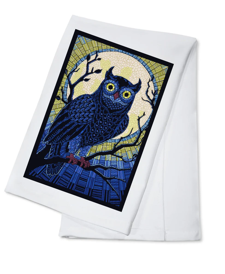 Tea Towel, Apron Owl, Paper Mosaic, Lantern Press Artwork, Kitchen Cooking, Unisex, Adjustable, Organic Cotton