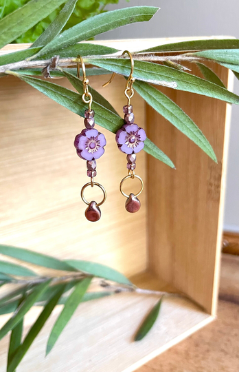 Pink Flower Earrings, Czech Glass, Gold