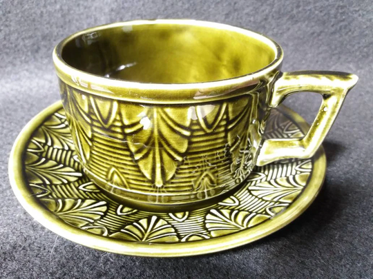 Vintage Green Glaze Cup & Saucer Duo. Salt Leaf Motif. Portuguese Ceramics. Wide Teacup. Forest Green
