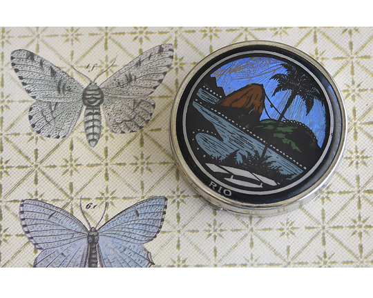Morpho Butterfly Wing Rio Compact, Iridescent Blue Butterfly Wings Mountains & Palm Trees, Powder Compact From Rio De Janeiro