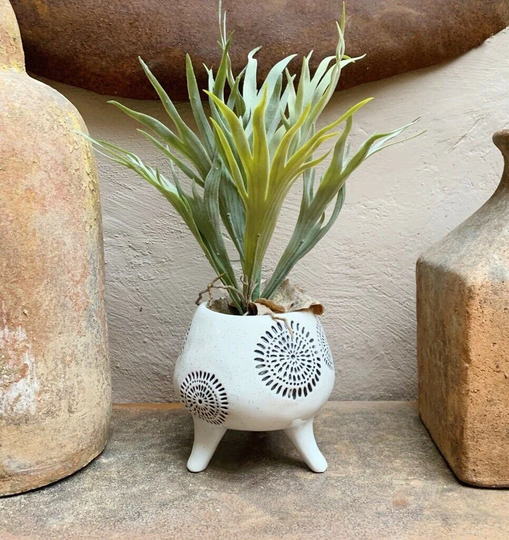 White Cauldron Planter W. Feet Legs Stand, Plant Holder Succulent Planter, Indoor Ceramic House Pot Cover, Mandala Sunburst Design