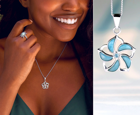 925 Sterling Silver Hibiscus Pendant Set With Larimar - Flower Necklace