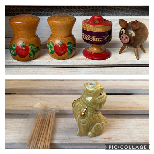 Lot Of Vintage Toothpick Holders, Foo Dog, Strawberries, Piggy, Wood Salt & Pepper Shakers