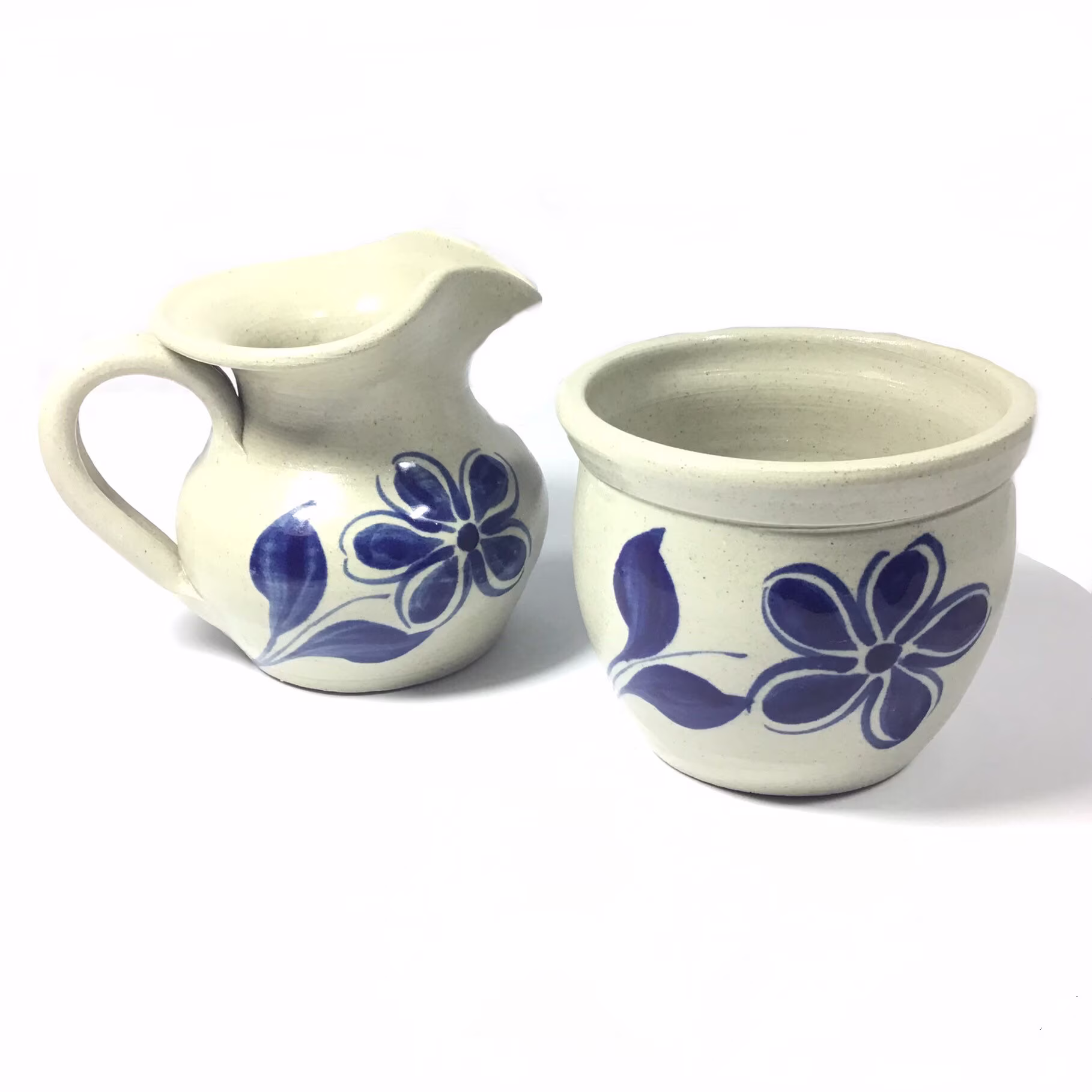 Wpf Handmade Pottery Creamer Pitcher & Sugar Bowl Ceramic Blue Flowers Salt Glaze