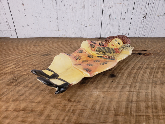 Vintage Cat Lady Trinket Dish Woman Hugging Kitty Ceramic Ring Holder Jewelry Storage Vanity Boudoir Container Organization Gift