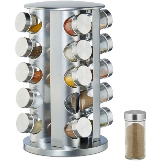 Spice Rack with 20 Jars, 360° Rotation, Shakers for Seasoning, 34.5 cm High, Stainless Steel, Silver - Relaxdays