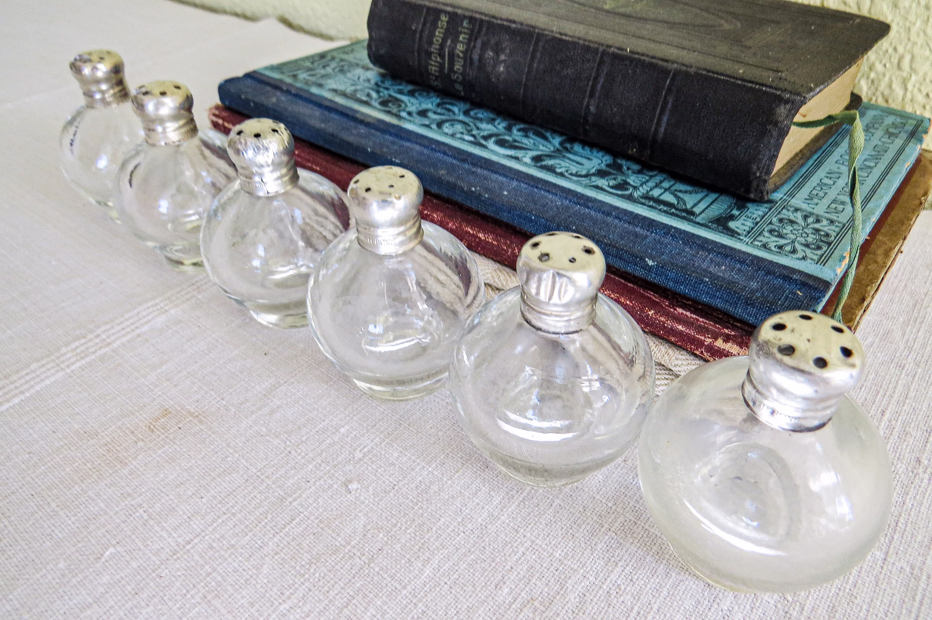 3 Antique Crystal Salt & Pepper Shaker Sets Sterling Silver Lids. Marked "Sterling