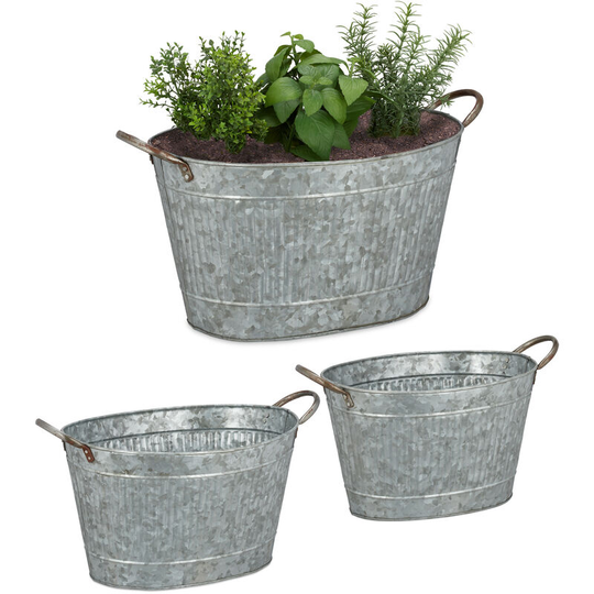 Relaxdays - Metal Tub Set Of 3, Oval Planters In Zinc look, Waterproof, Garden,Vintage, 12, 18 & 22 l, Zinc Look