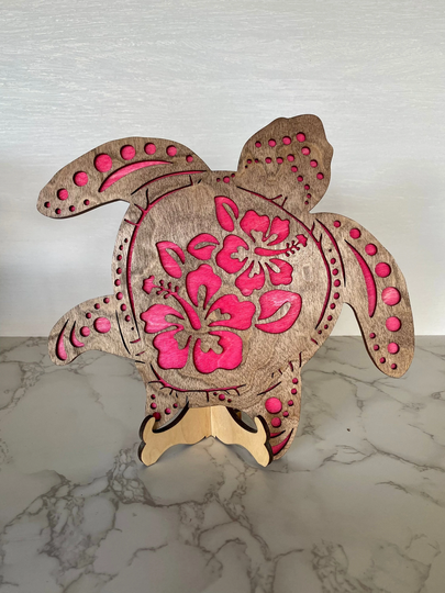 Hibiscus Turtle Wall Art, Sea Decor, Wood Turtle, Decor