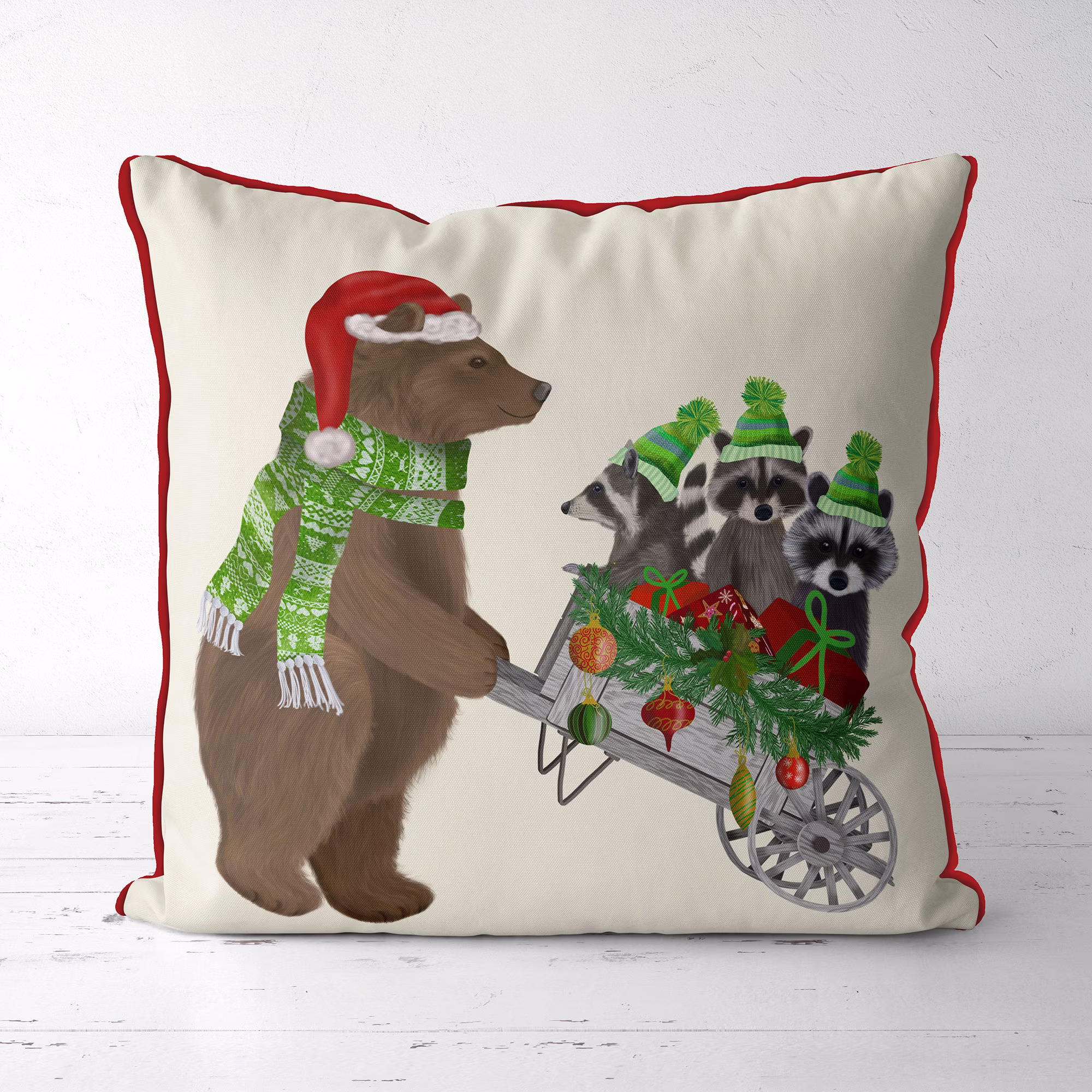Christmas Pillow Cover, Brown Bear With Racoon Friends in Wheelbarrow, Festive Cushion For Xmas Decorating, Holiday Season Gift Buying