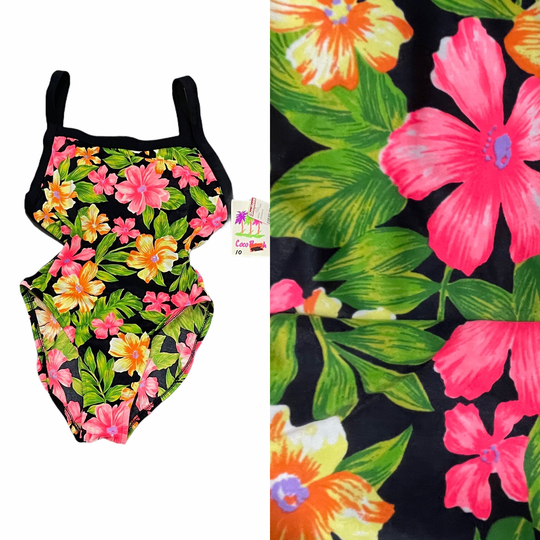 Vintage 90S Deadstock Coco Beach Tropical Pink Yellow Floral Hibiscus Flowers One Piece Hi Cut High Medium 10