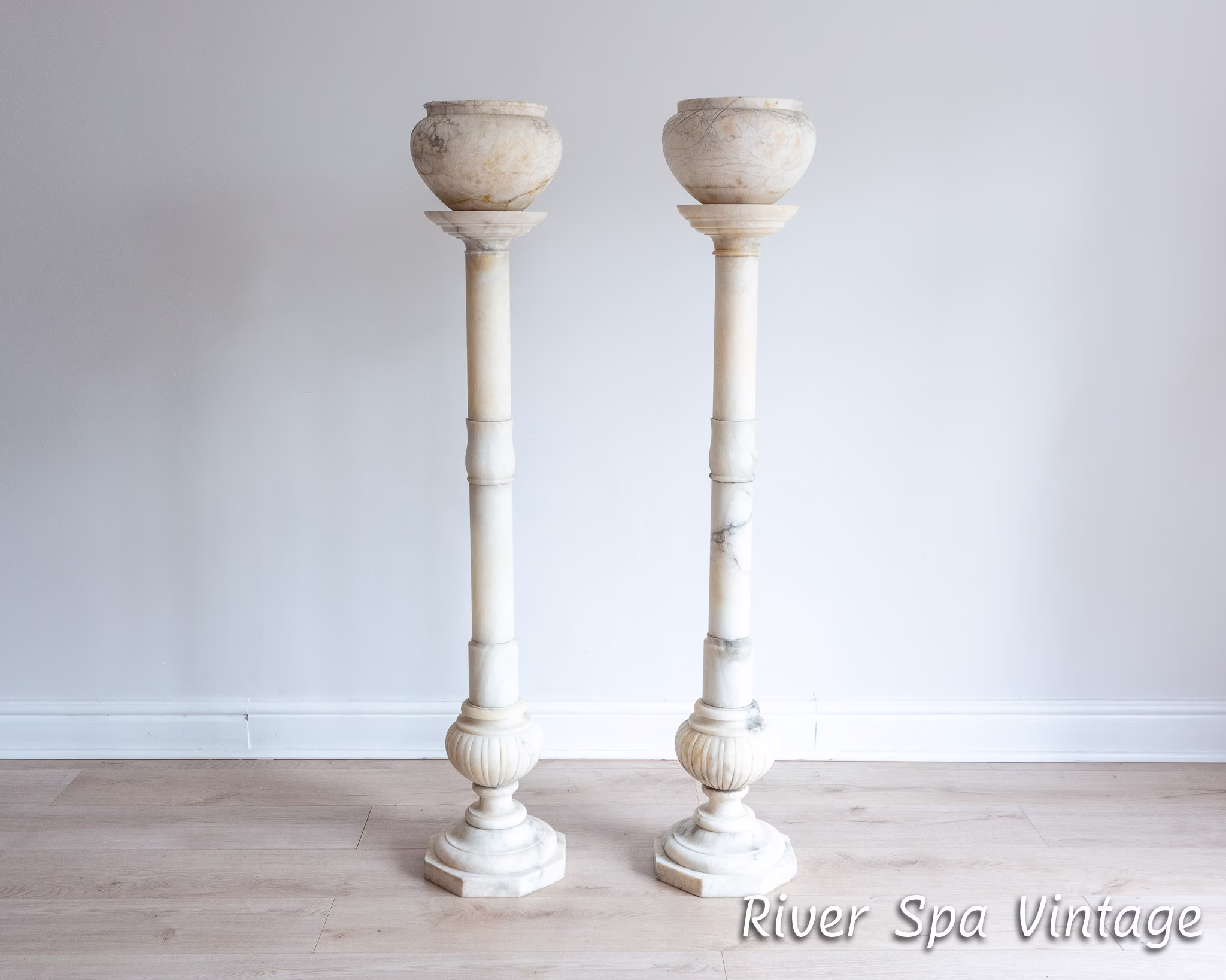 Fine Rare Pair Of Italian Marble Pedestal Columns With Urns Antique 1800S 19Th Century Carrara Jardinieres Plant Stands Pots