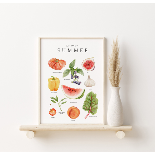 In Season Summer | Local Seasonal Produce Chart Food Watercolor Art Print Kitchen Montessori Homeschool Nature
