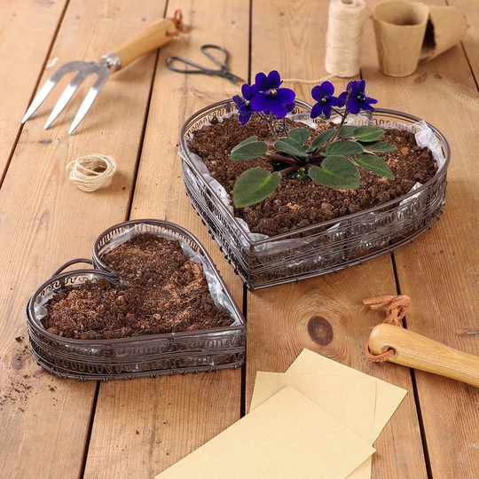 Set Of 2 Heart Shaped Metal Trough Planters Rustic Style Flower Pot Plant Pots Garden Potting Shed Herb Spice Planter