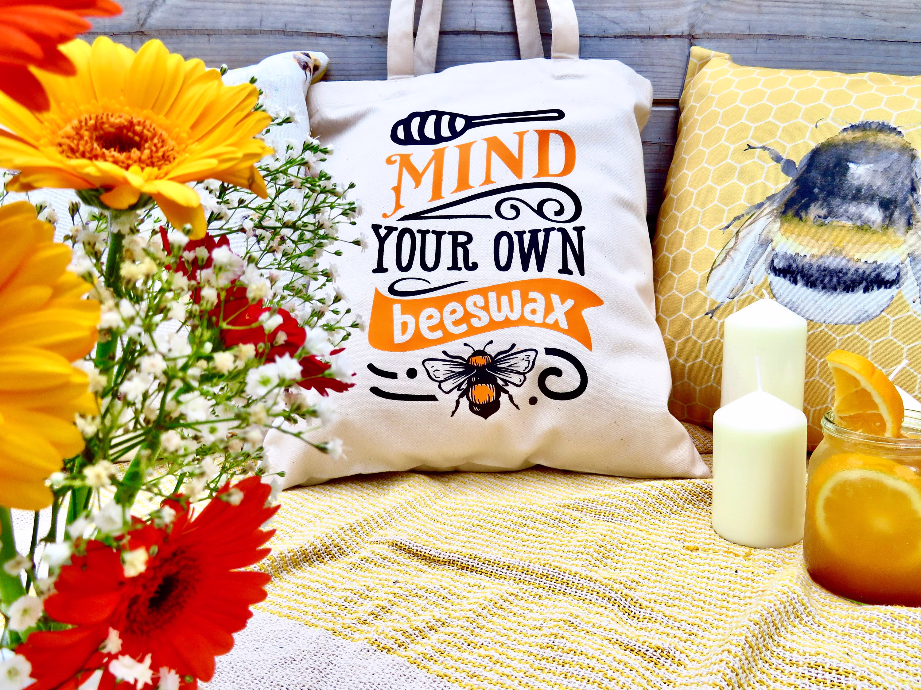 Humour Saying Bee Tote Bag, 100% Organic Cotton Thick, Mind Your Own Beeswax, Durable Bag