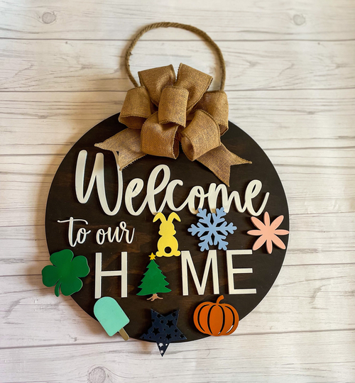 All Seasons Round Door Hanger, Interchangeable Magnets Welcome To Our Home Interchangeable Sign