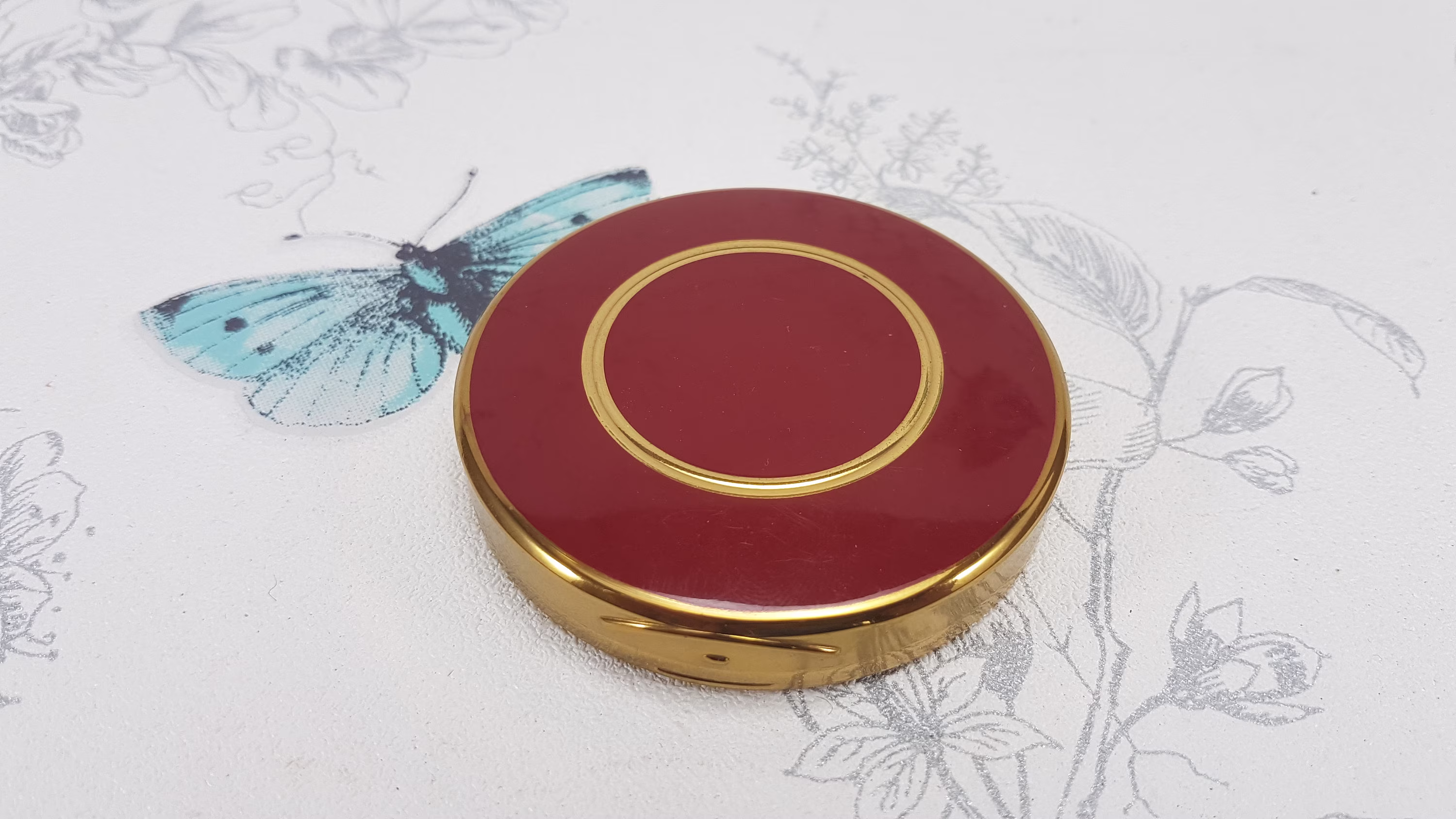 Vintage Red & Gold Compact Mirror, Vintage Powder With Cloudy Mirror