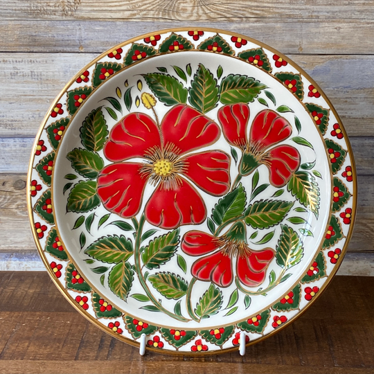 Vintage Olympia Ceramica Red Flower Plate By Sera Rhodes Hand Painted 24K Gold Wall Decoration