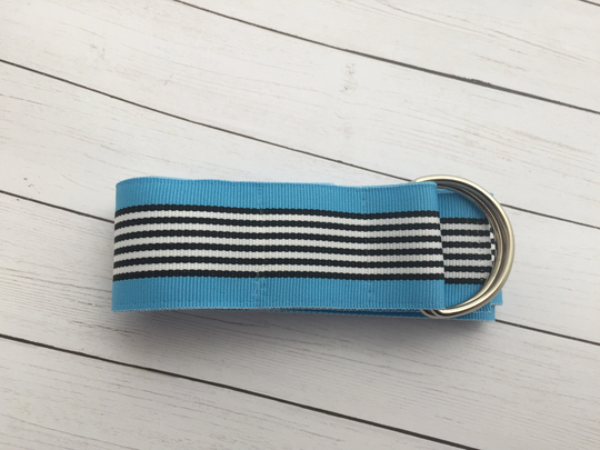 Women's Blue, Black, & White Striped Ribbon Belt, All Season Gold Or Silver Hardware, Fall Winter Gift For Her