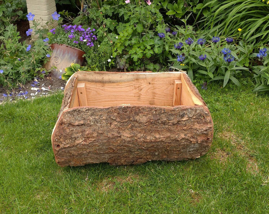 60cm X 44cm Wooden Garden Log Tree Planter Natural Rustic Redwood Herbs Flowers Bushes Rectangle Trough Tub Plant Pot