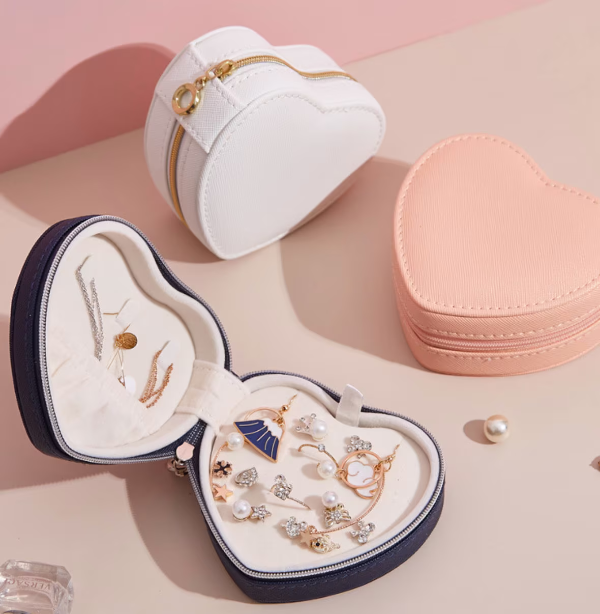 Mini Cute Heart Shape Jewelry Organizer Case/ Pouch/ Box, Travel Friendly Waterproof Two Section Removable Layer Storage | Bridesmaids Gift