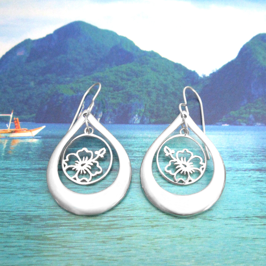 Hawaiian Hibiscus Hoop Earrings, .925 Sterling Silver, Flower, Drop, Dangle