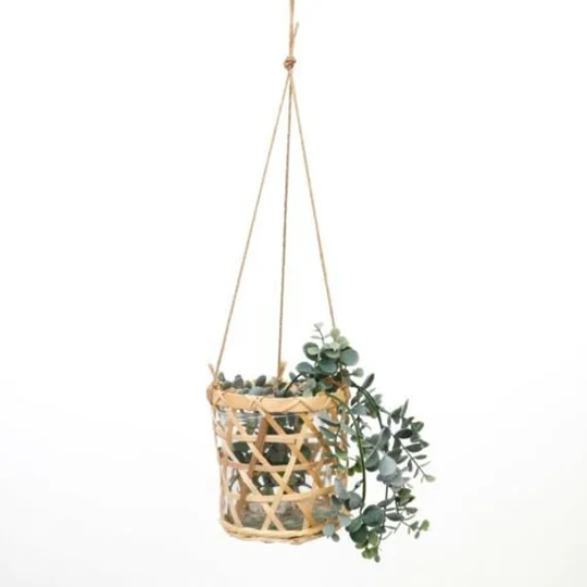 Natural Woven Rattan/Wood Hanging Planter With Inner Glass Pot Boho Decor