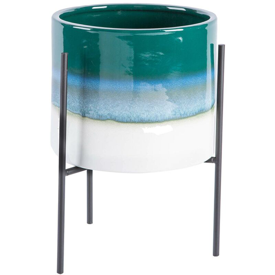 Reactive Glaze Plant Pot on Stand - 19cm - Emerald/Black - Nicola Spring