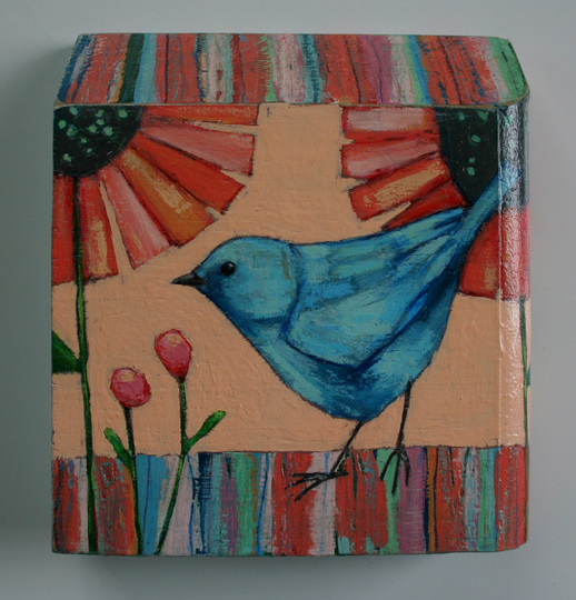 Blue Bird Colorful Garden Plants Flowers Painting Original A2N2Koon Textured Wall Art On Reclaimed Wood Cute Rainbow Artwork For Kids