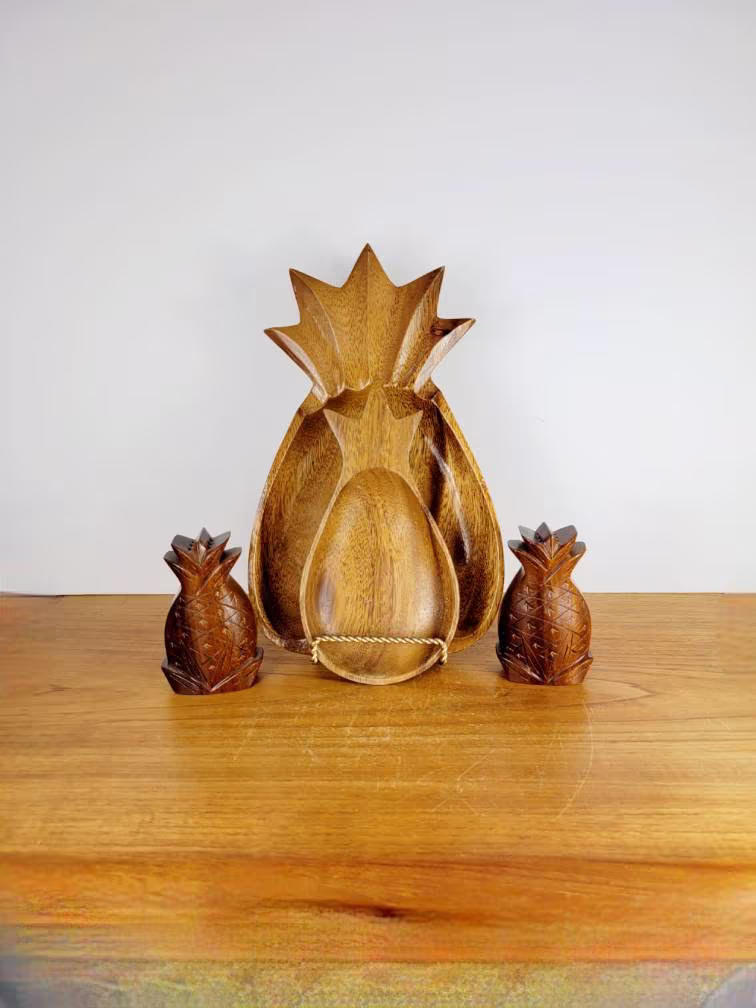 Wood Pineapple Salt & Pepper With 2 Dishes. Monkey Pod Wood Vintage Hawaii Decor. Original Cork Stoppers