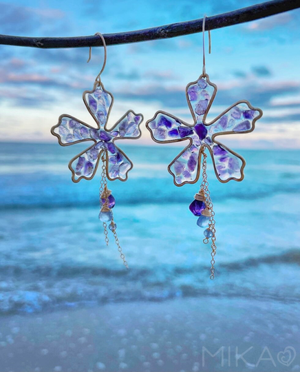 Mika Hawaii -Purple Amethyst Hibiscus Resin Earrings 14K Goldfilled
