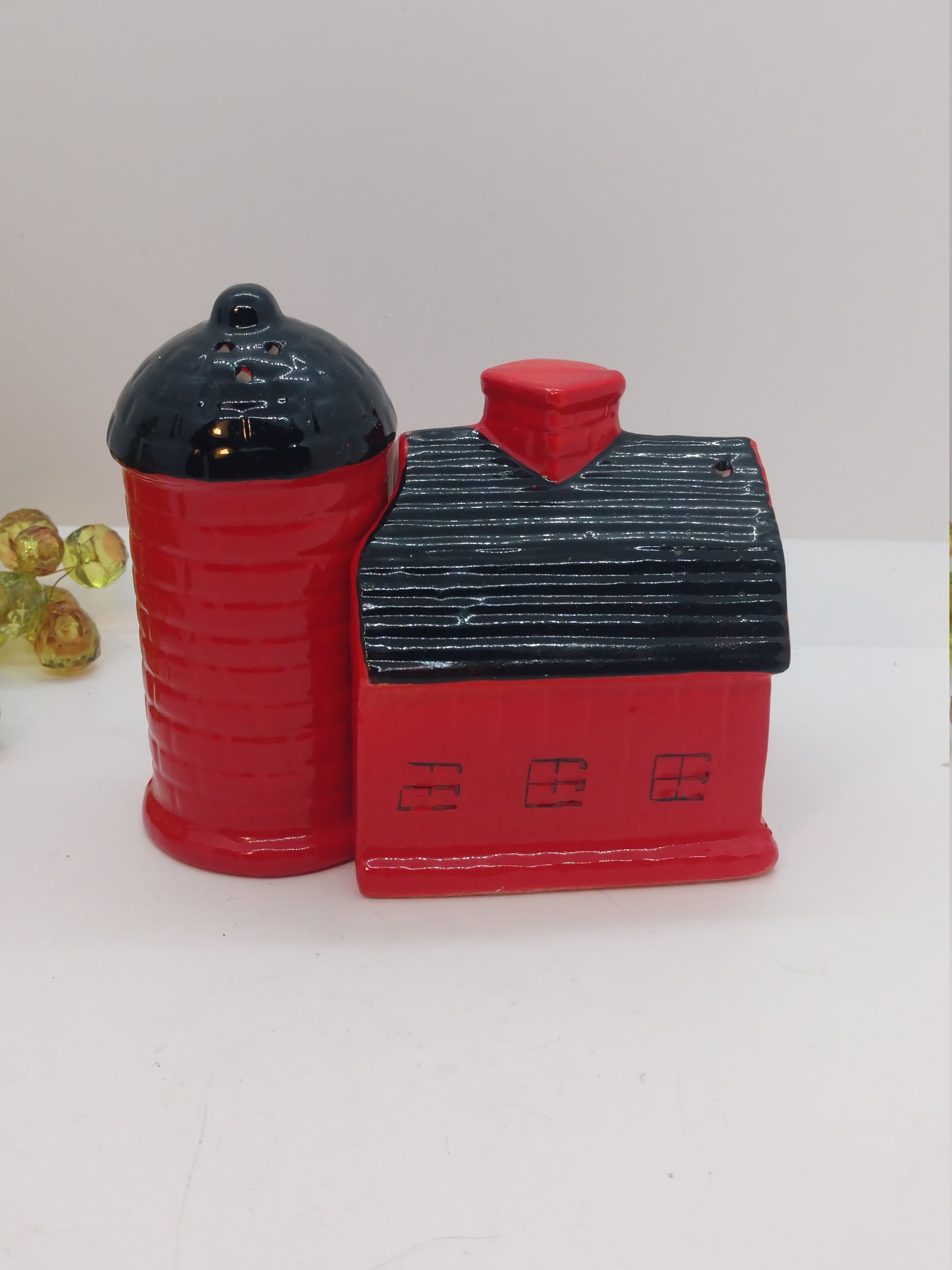 Red Barn & Silo Salt Pepper Shakers, Made in Japan, Vibrant Red W/Black Roofs, Plastic Stoppers, Barn Has Indentation For | 988