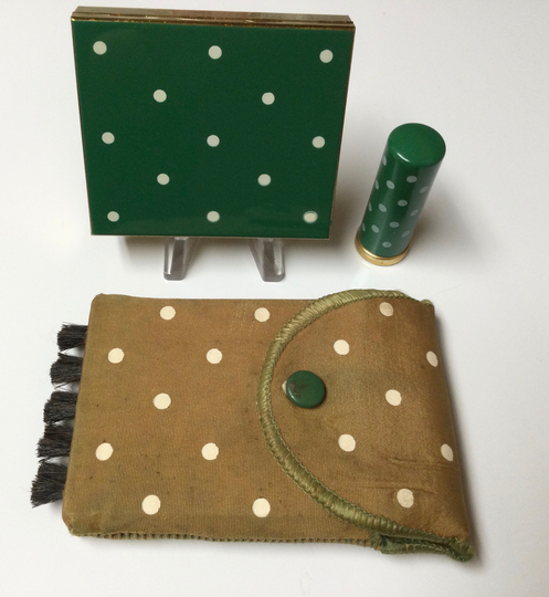 Fun Unusual Vintage Powder Compact Lipstick Clothing Brush in Case Polka Dots