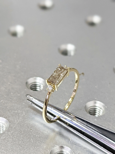 Elongated Emerald Baguette Raw Salt & Pepper Diamond Gold Engagement Ring Art Deco 1920S Inspired Thin Petite Band 14K Unique For Her