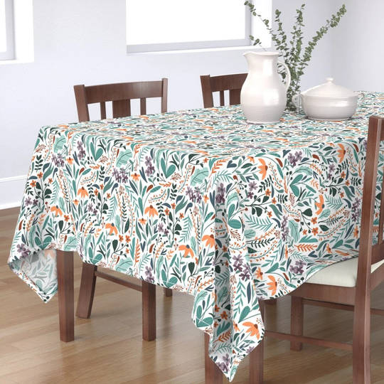 Teal Plants Tablecloth - Herbs By Lena_Nikolaeva Wild Grass Orange Purple White Blue Nature Garden Cotton Sateen Spoonflower